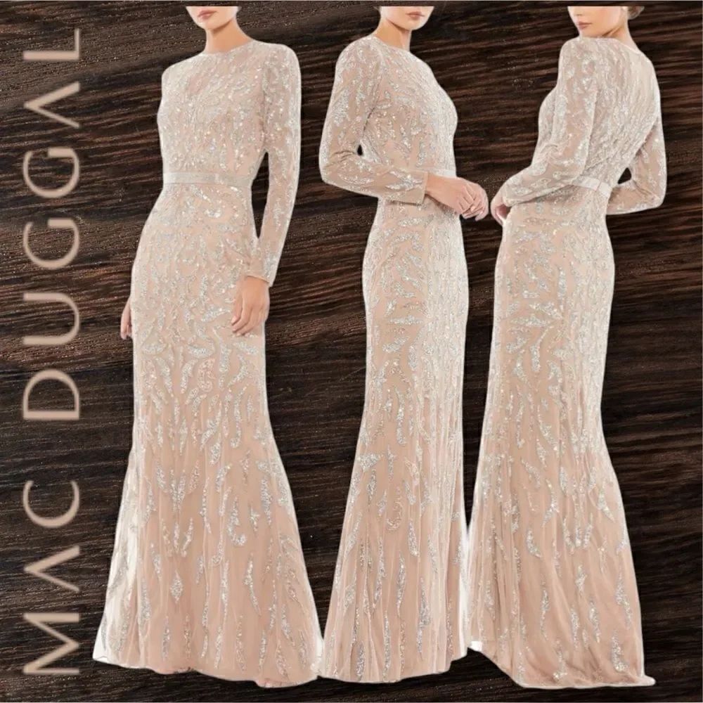 MAC DUGGAL Women’s Embellished Beaded Long Sleeve Evening Gown in the Size 12